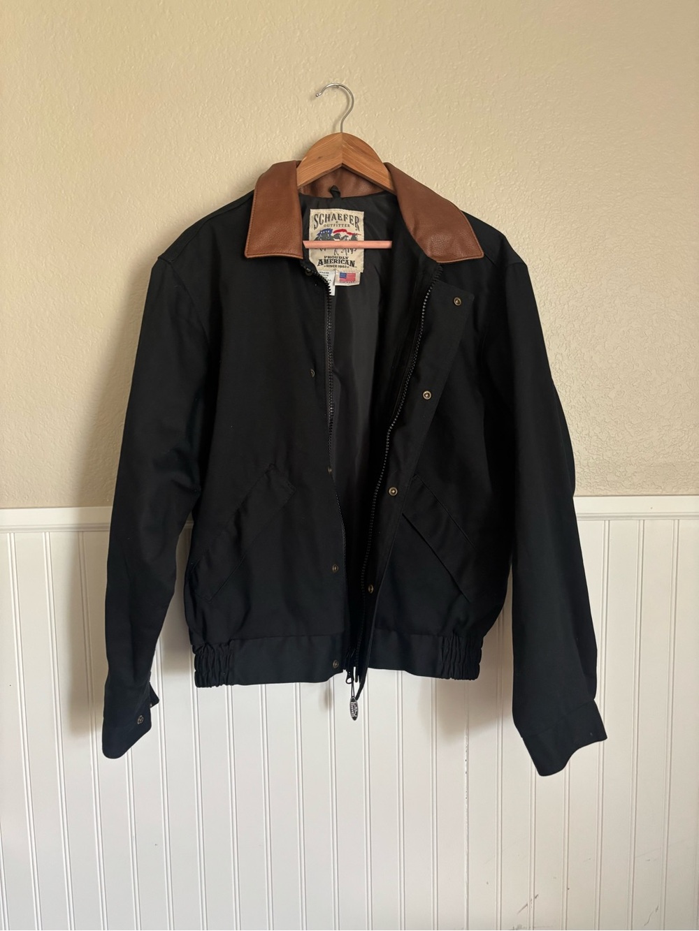 Vintage Schaefer Outfitter Black Bomber Jacket with Brown Leather Collar